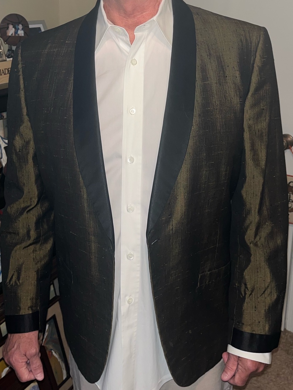 Vintage 1950s Smoking Jacket | Shawl Collar |   Green Brown Silk Dupioni